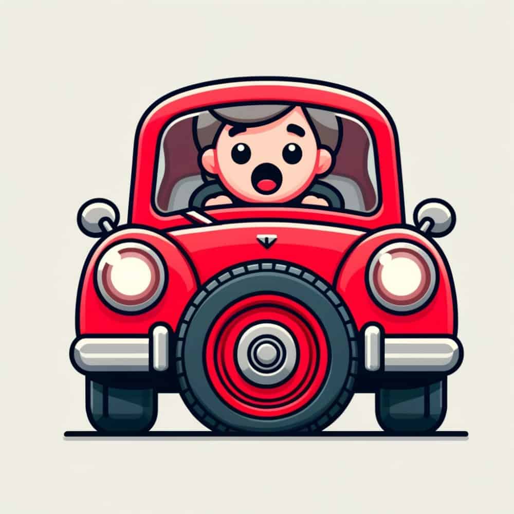 cartoon-style image of a red car with a flat tire and a surprised character at the wheel
