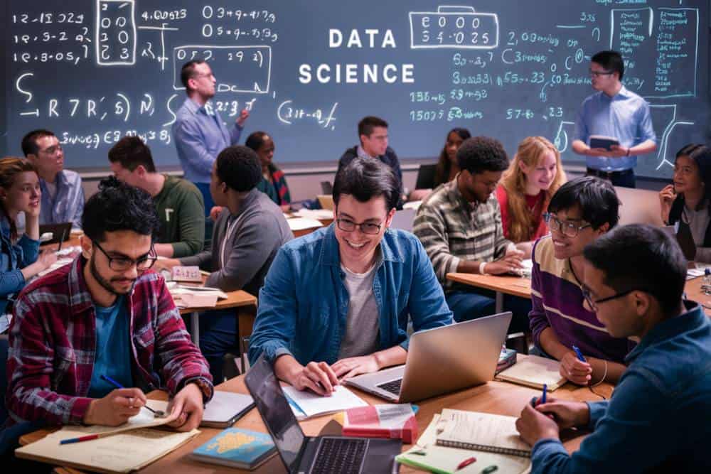 diverse group of students immersed in a data science class