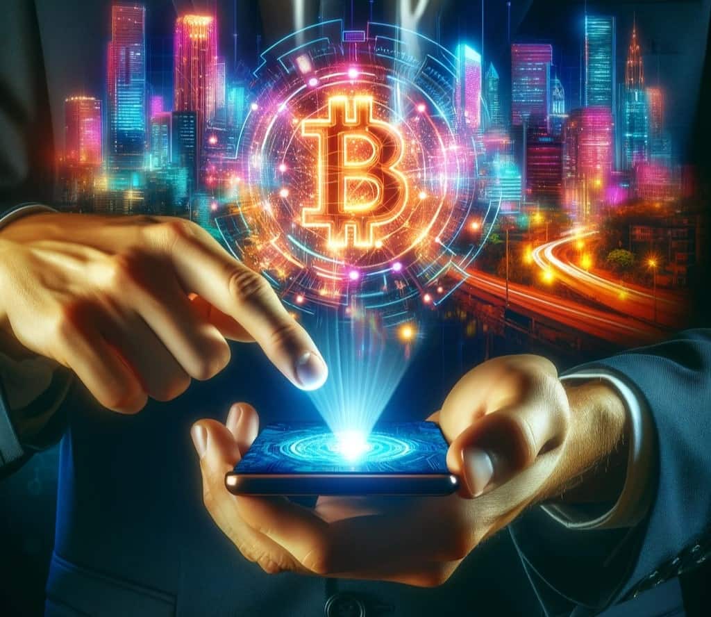 Non-traditional Actuary holding a smartphon with a glowing Bitcoin symbol