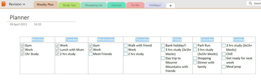 A screenshot of a OneNote weekly planner, demonstrating organization and time management for actuary exams preparation.