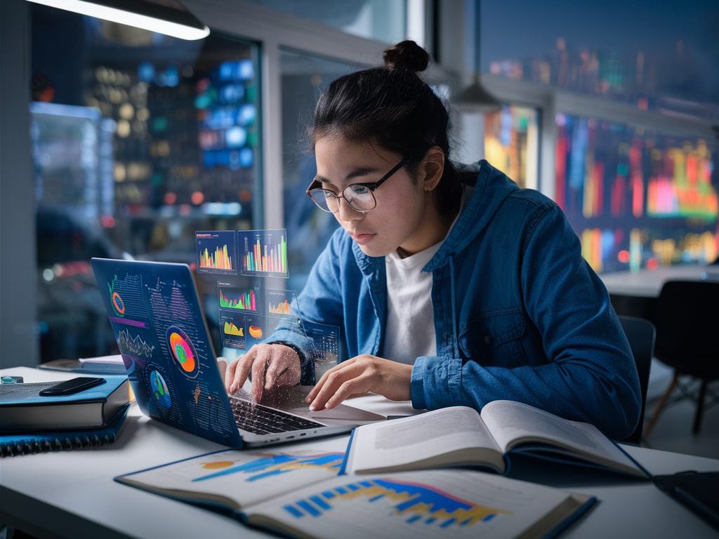 An actuarial student intensely focused on their laptop, which displays a variety of colorful data charts and graphs as part of subjects required for actuarial science.