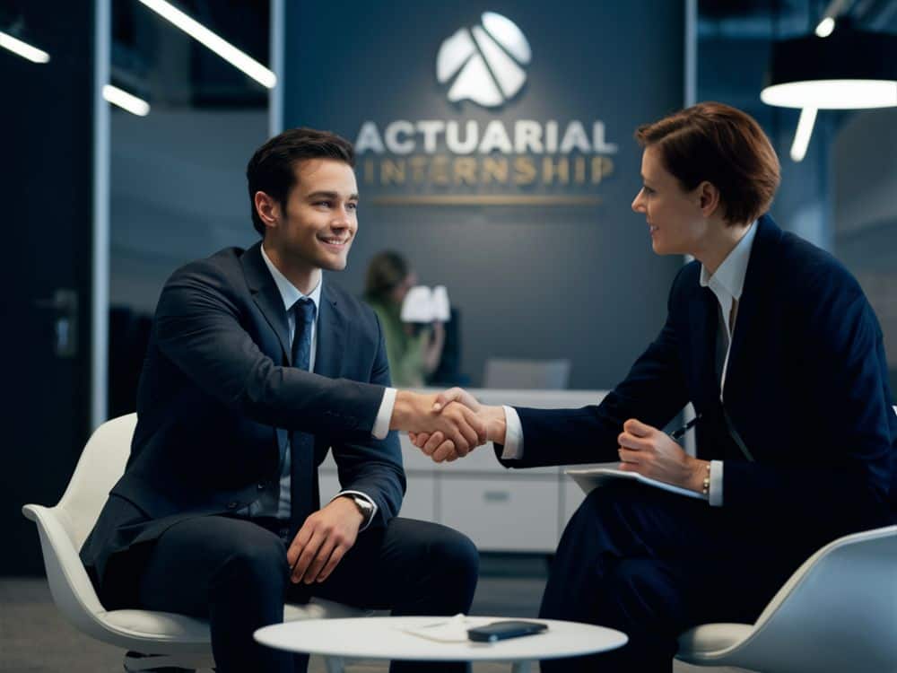 Scene depicting an actuarial internship interview, capturing the candidate's preparation and engagement.