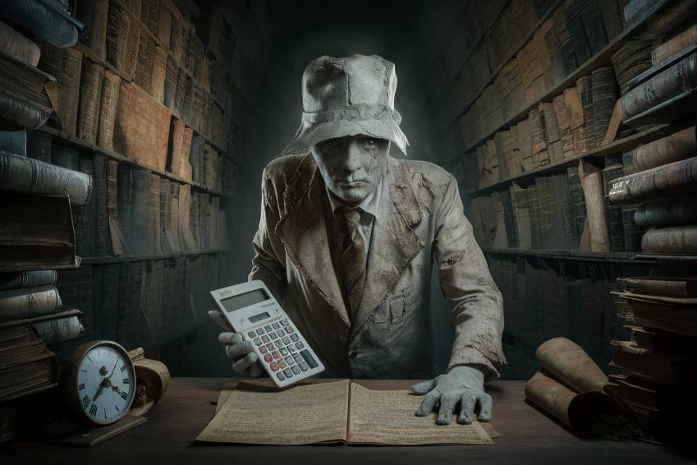 image of an extinct actuary, dressed in a tattered suit